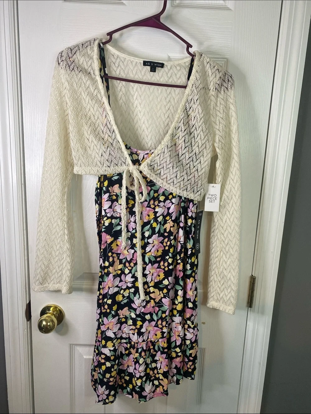 As U Wish Black Floral Mini Dress with Cream Knit Shruge Size Small.